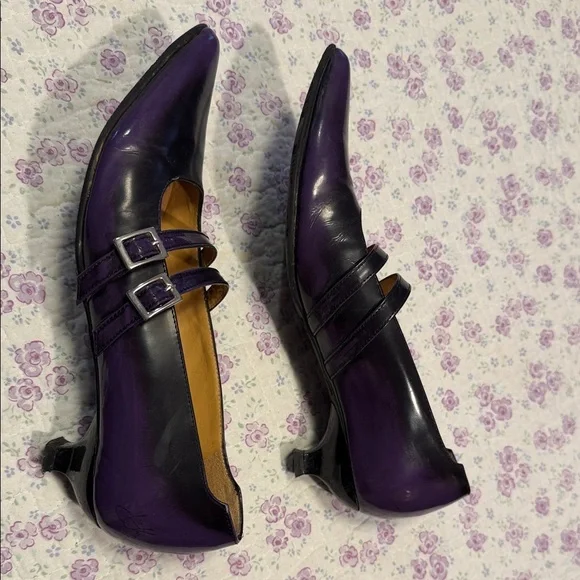 John Fluevog Black and Purple Two-Strap Pointed Pumps - Picture 4 of 6